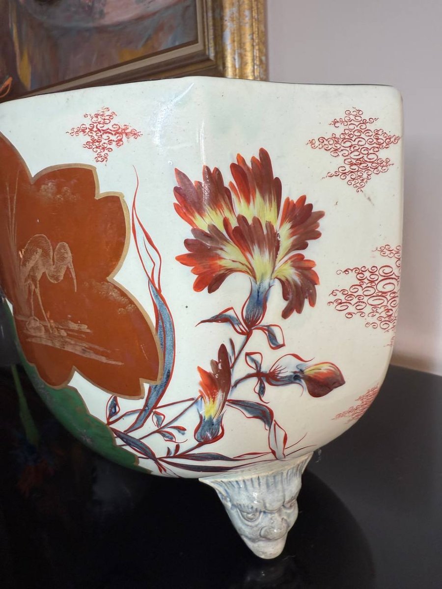 Cache-pot chinoisant ancien en faïence à décor des fleurs-photo-4