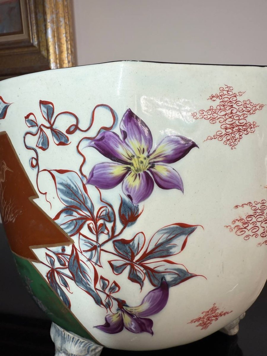 Cache-pot chinoisant ancien en faïence à décor des fleurs-photo-3