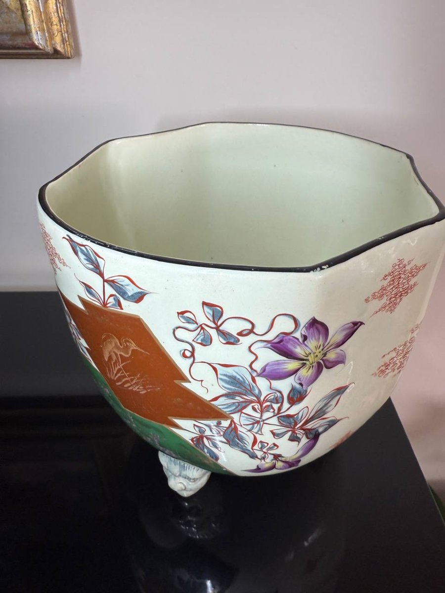 Cache-pot chinoisant ancien en faïence à décor des fleurs-photo-4