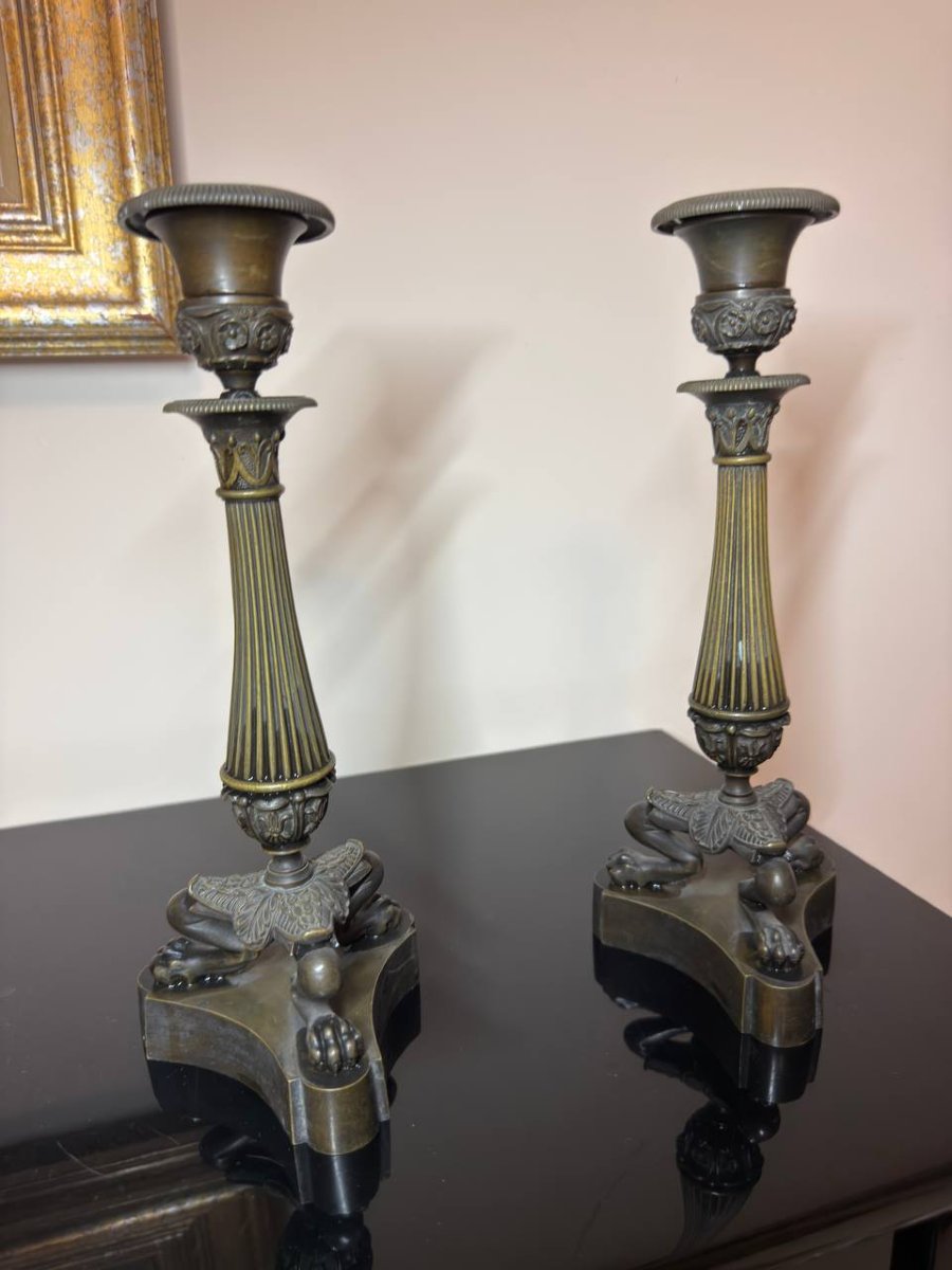 Empire-style Bronze Candlesticks, Restoration Period-photo-2