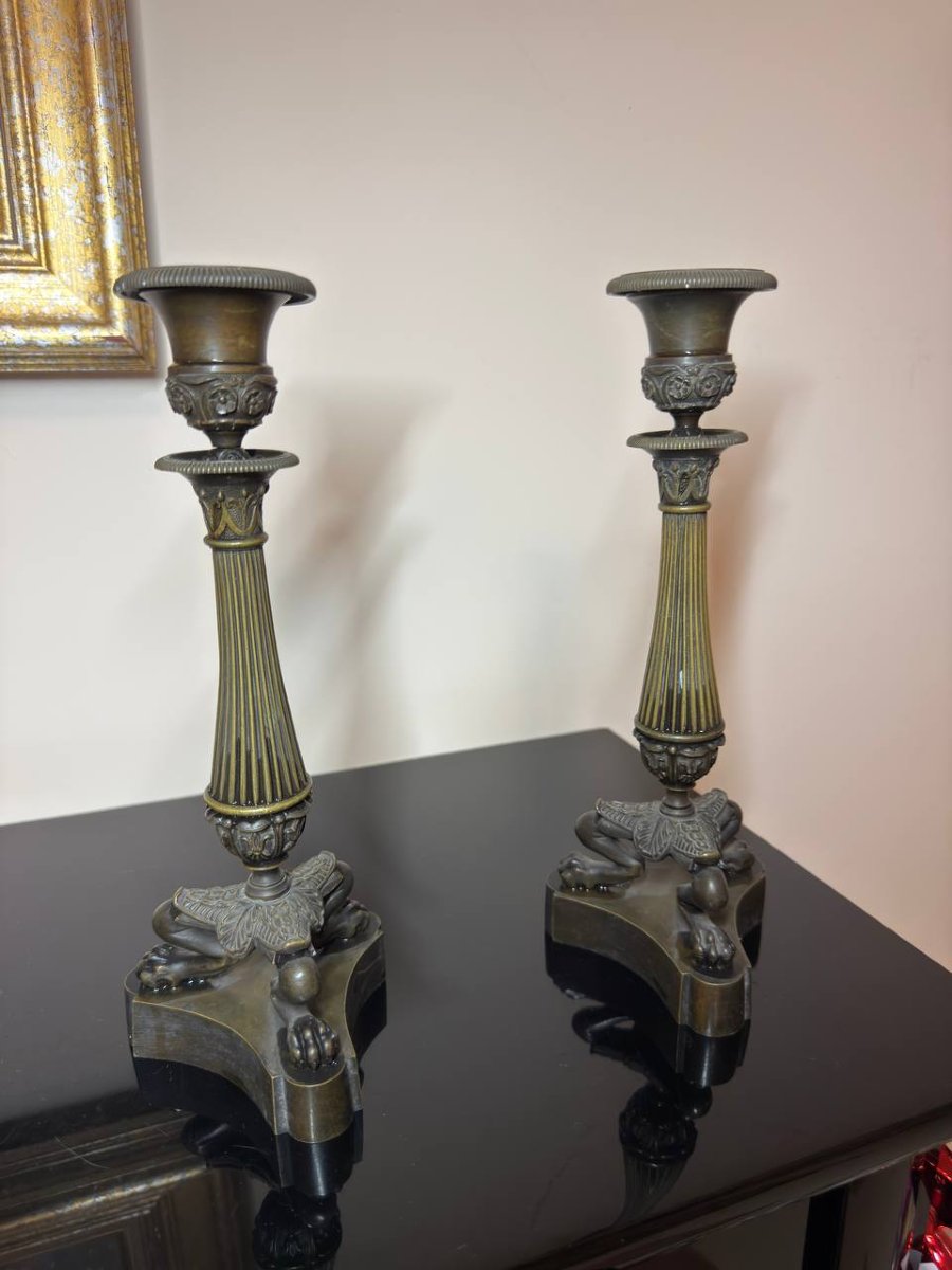 Empire-style Bronze Candlesticks, Restoration Period-photo-3