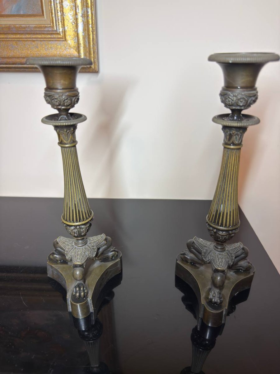 Empire-style Bronze Candlesticks, Restoration Period-photo-4