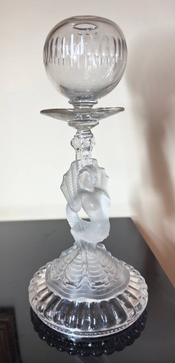 Lampe à huile provençale en verre moulé,  lampe de dentellière, Cristallerie de Portieux