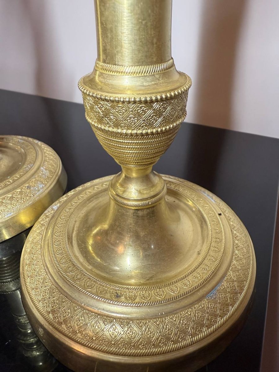 Candlesticks In Chiseled Guilloché Bronze, In The Empire Style The Restoration/charles X Period-photo-1