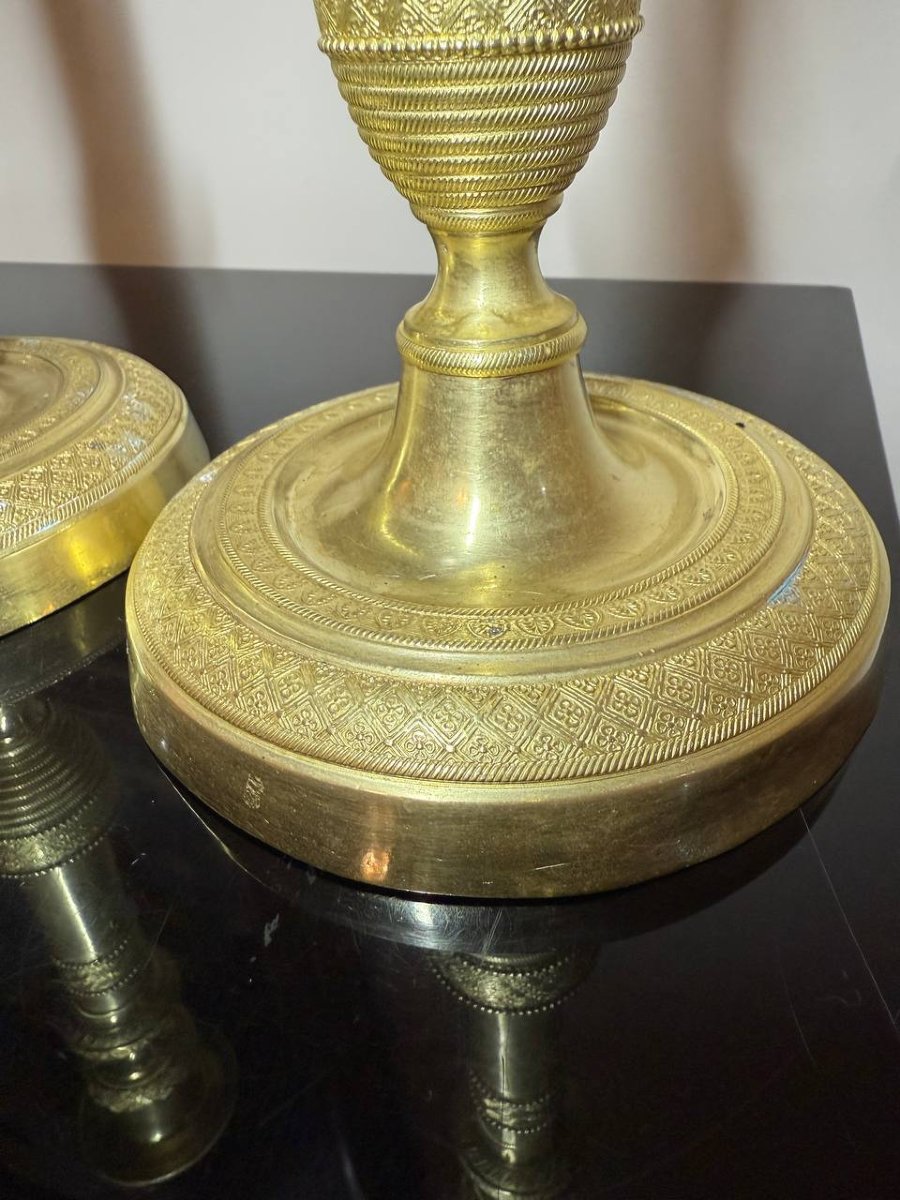 Candlesticks In Chiseled Guilloché Bronze, In The Empire Style The Restoration/charles X Period-photo-3