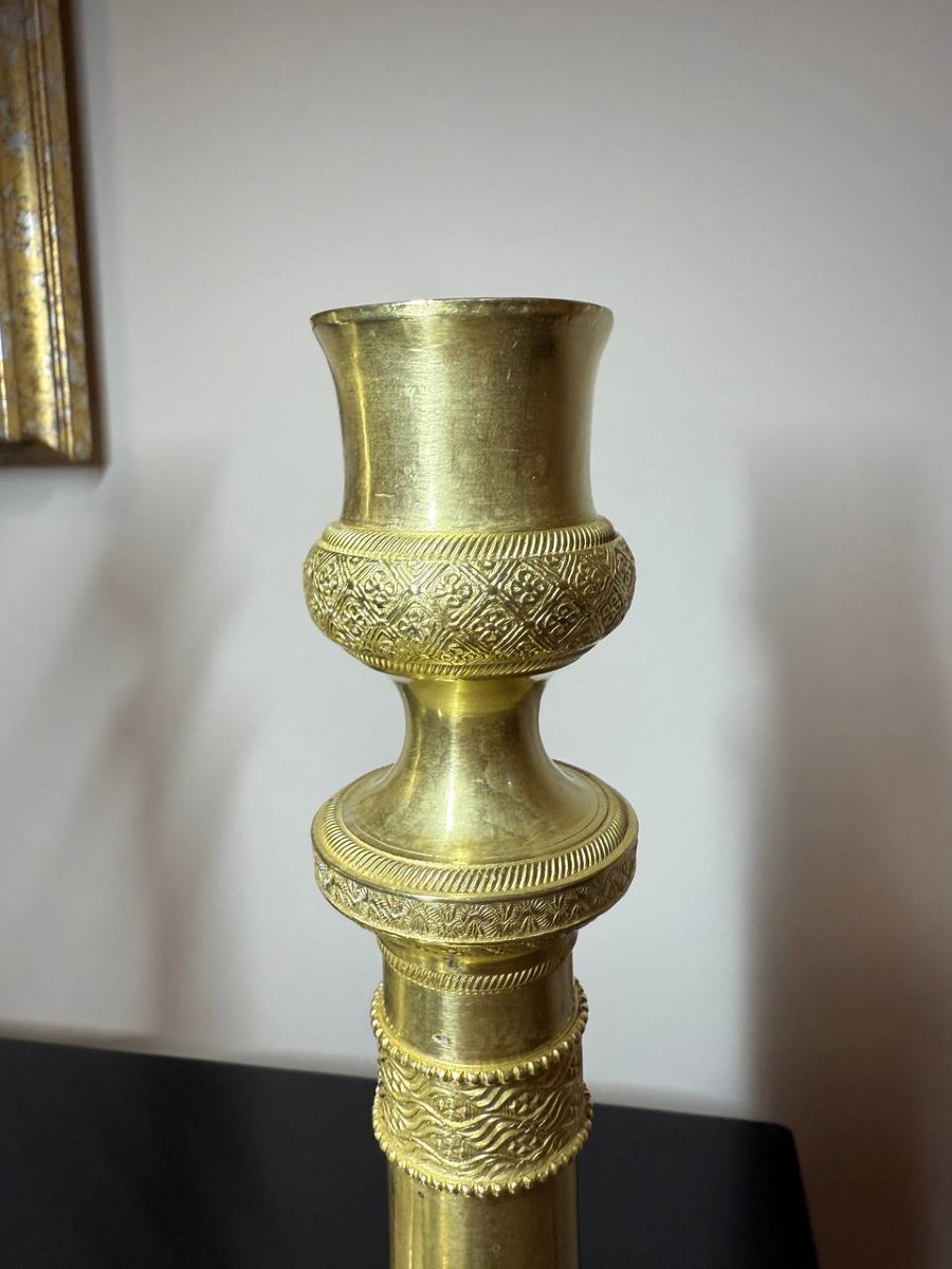 Candlesticks In Chiseled Guilloché Bronze, In The Empire Style The Restoration/charles X Period-photo-5