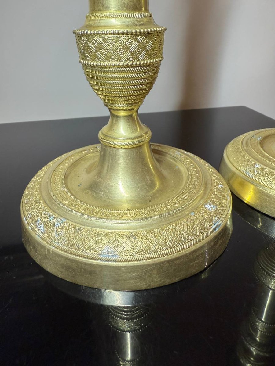 Candlesticks In Chiseled Guilloché Bronze, In The Empire Style The Restoration/charles X Period-photo-6
