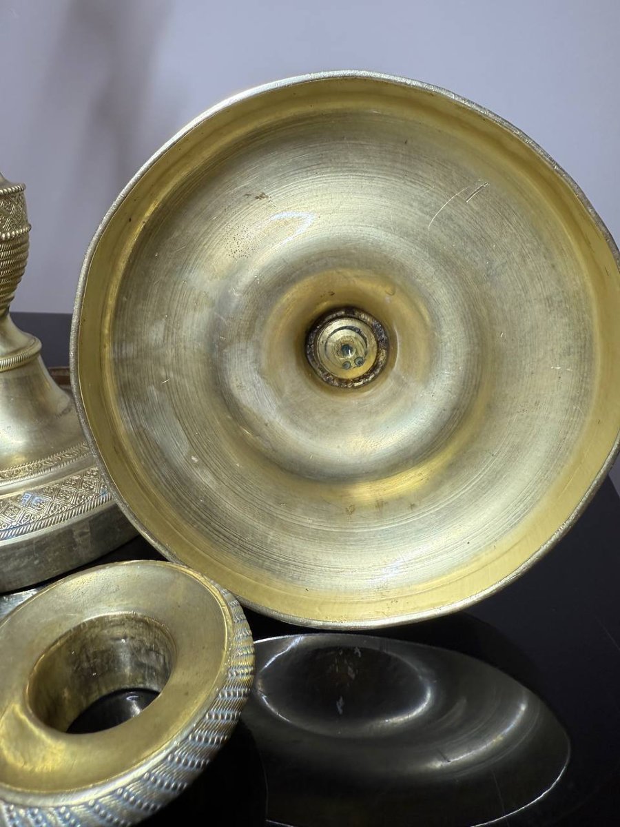 Candlesticks In Chiseled Guilloché Bronze, In The Empire Style The Restoration/charles X Period-photo-8