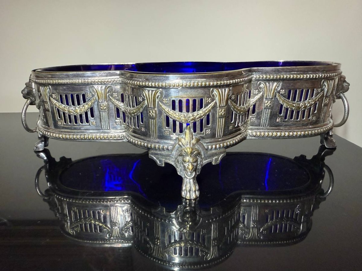 Antique Wmf Louis XVI-style Centerpiece Planter – Silver-plated Metal & Cobalt Blue Glass, C. 190-photo-2