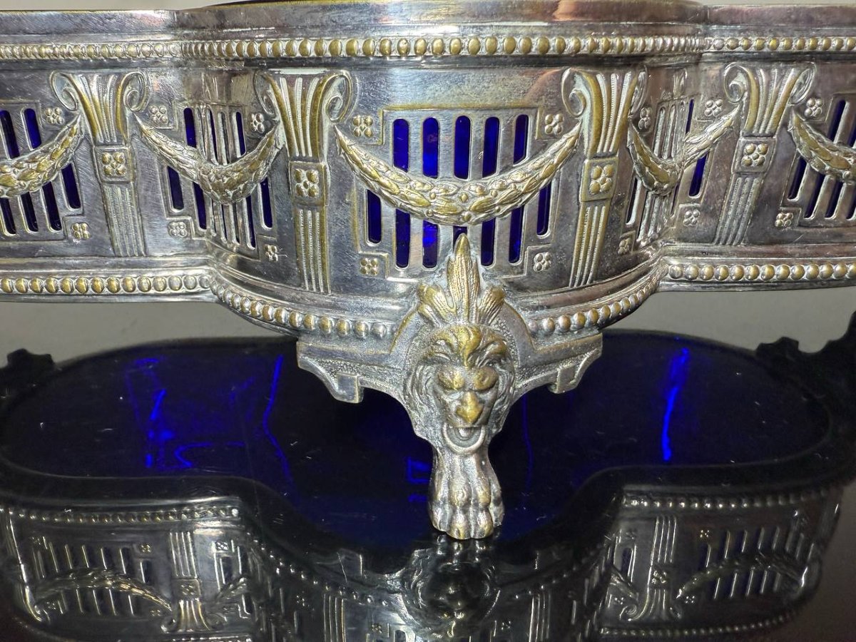 Antique Wmf Louis XVI-style Centerpiece Planter – Silver-plated Metal & Cobalt Blue Glass, C. 190-photo-3