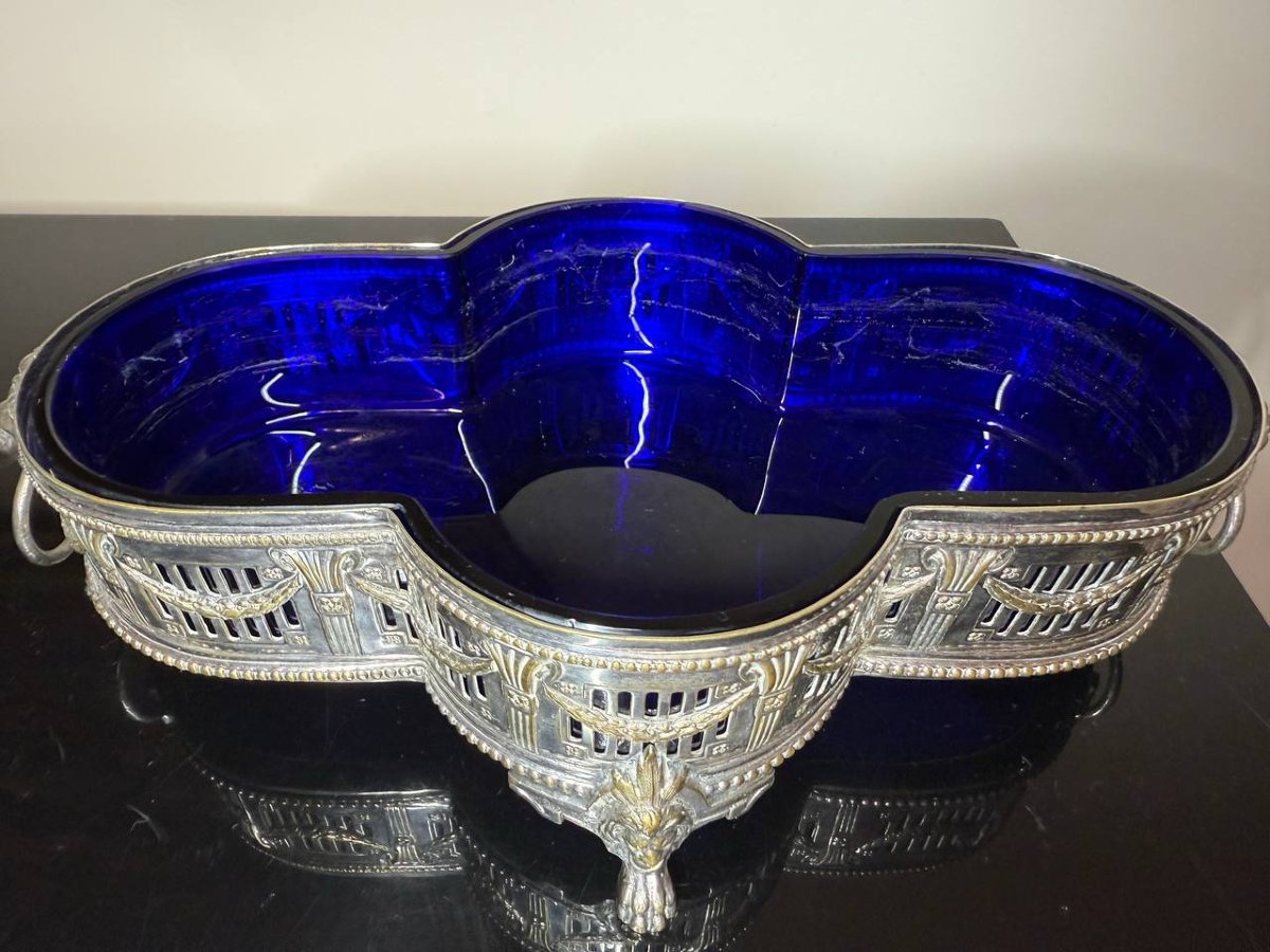 Antique Wmf Louis XVI-style Centerpiece Planter – Silver-plated Metal & Cobalt Blue Glass, C. 190-photo-4