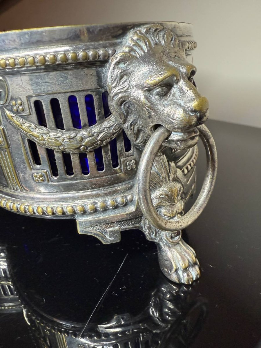Antique Wmf Louis XVI-style Centerpiece Planter – Silver-plated Metal & Cobalt Blue Glass, C. 190-photo-1