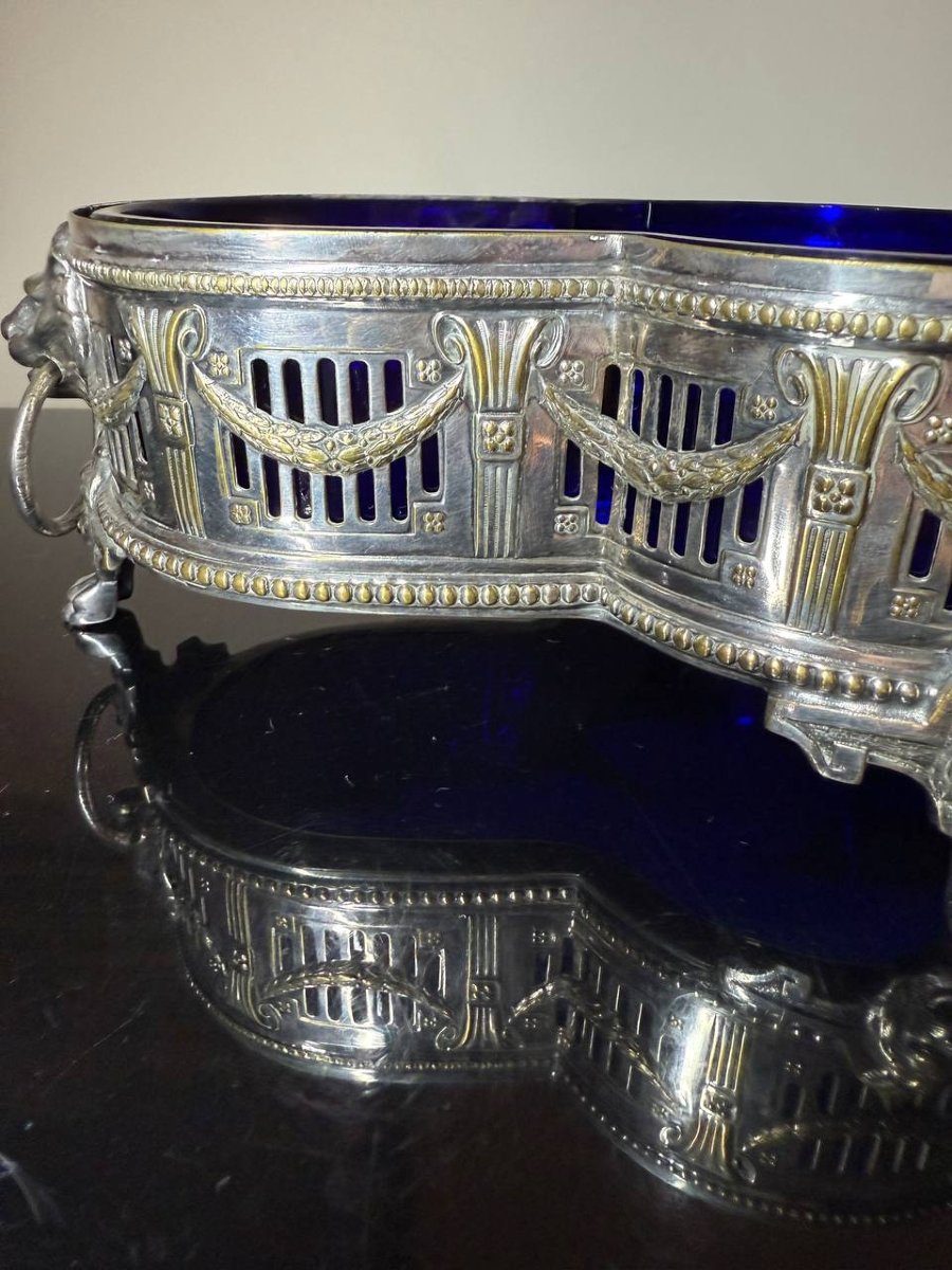 Antique Wmf Louis XVI-style Centerpiece Planter – Silver-plated Metal & Cobalt Blue Glass, C. 190-photo-2