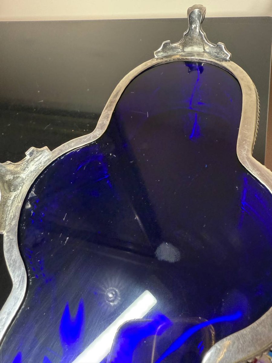 Antique Wmf Louis XVI-style Centerpiece Planter – Silver-plated Metal & Cobalt Blue Glass, C. 190-photo-3