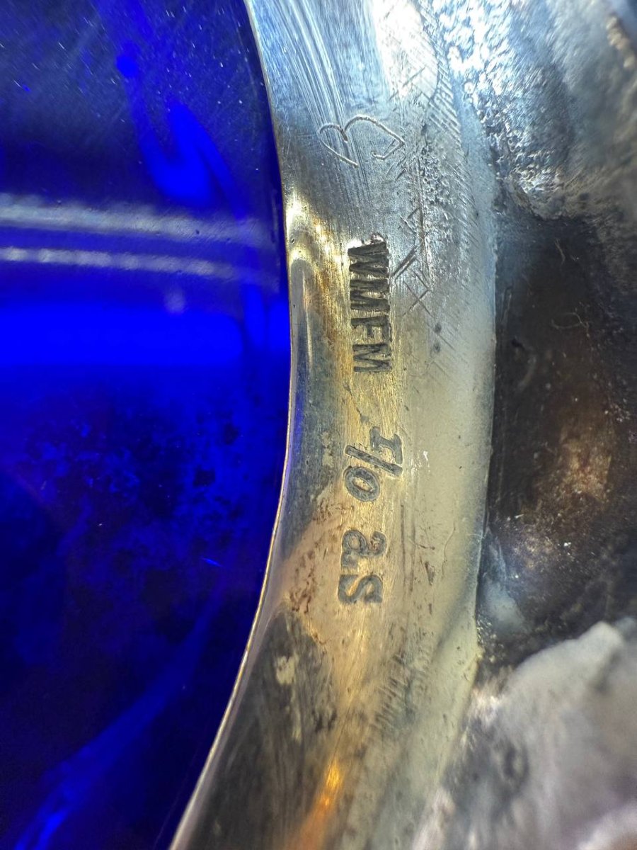 Antique Wmf Louis XVI-style Centerpiece Planter – Silver-plated Metal & Cobalt Blue Glass, C. 190-photo-4