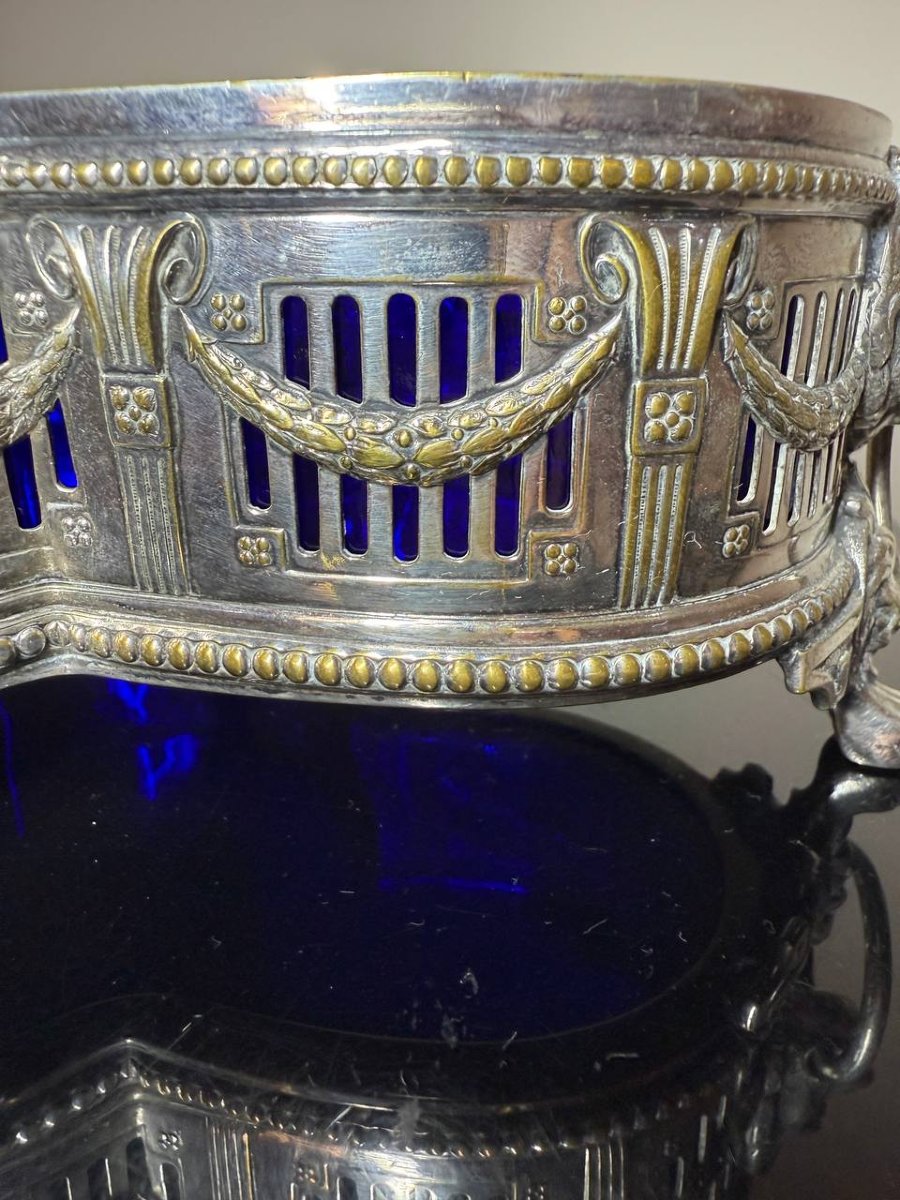 Antique Wmf Louis XVI-style Centerpiece Planter – Silver-plated Metal & Cobalt Blue Glass, C. 190-photo-6