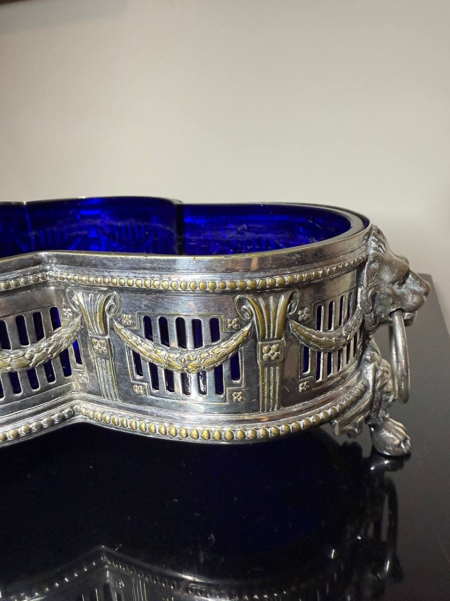 Antique Wmf Louis XVI-style Centerpiece Planter – Silver-plated Metal & Cobalt Blue Glass, C. 190-photo-7