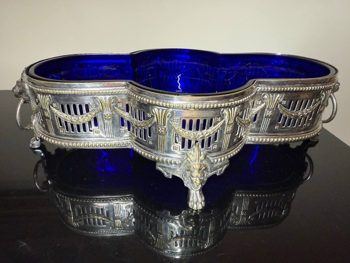 Antique Wmf Louis XVI-style Centerpiece Planter – Silver-plated Metal & Cobalt Blue Glass, C. 190