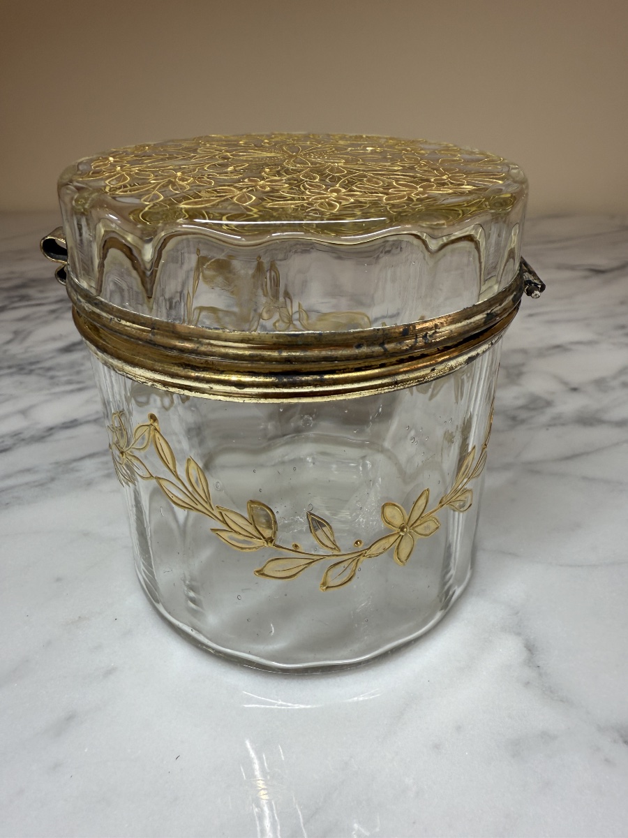 Bonbonnière, boîte à bijoux, coffret, poudrier en verre, motifsfloraux dorés peints à la main -photo-3