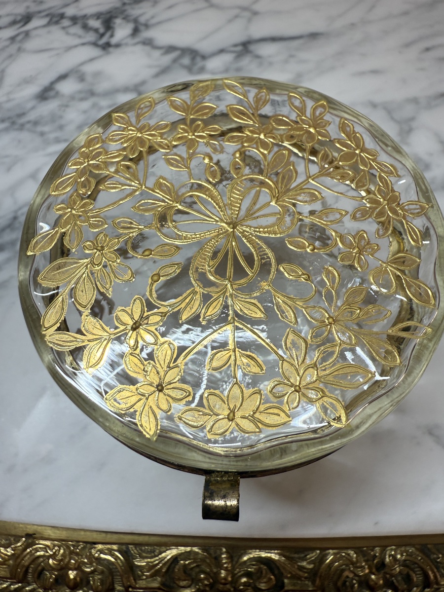 Bonbonnière, boîte à bijoux, coffret, poudrier en verre, motifsfloraux dorés peints à la main -photo-4