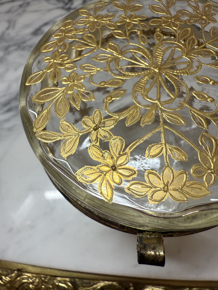 Bonbonnière, boîte à bijoux, coffret, poudrier en verre, motifsfloraux dorés peints à la main -photo-1