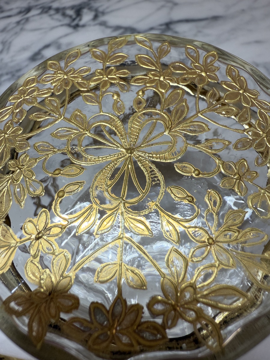 Bonbonnière, boîte à bijoux, coffret, poudrier en verre, motifsfloraux dorés peints à la main -photo-2