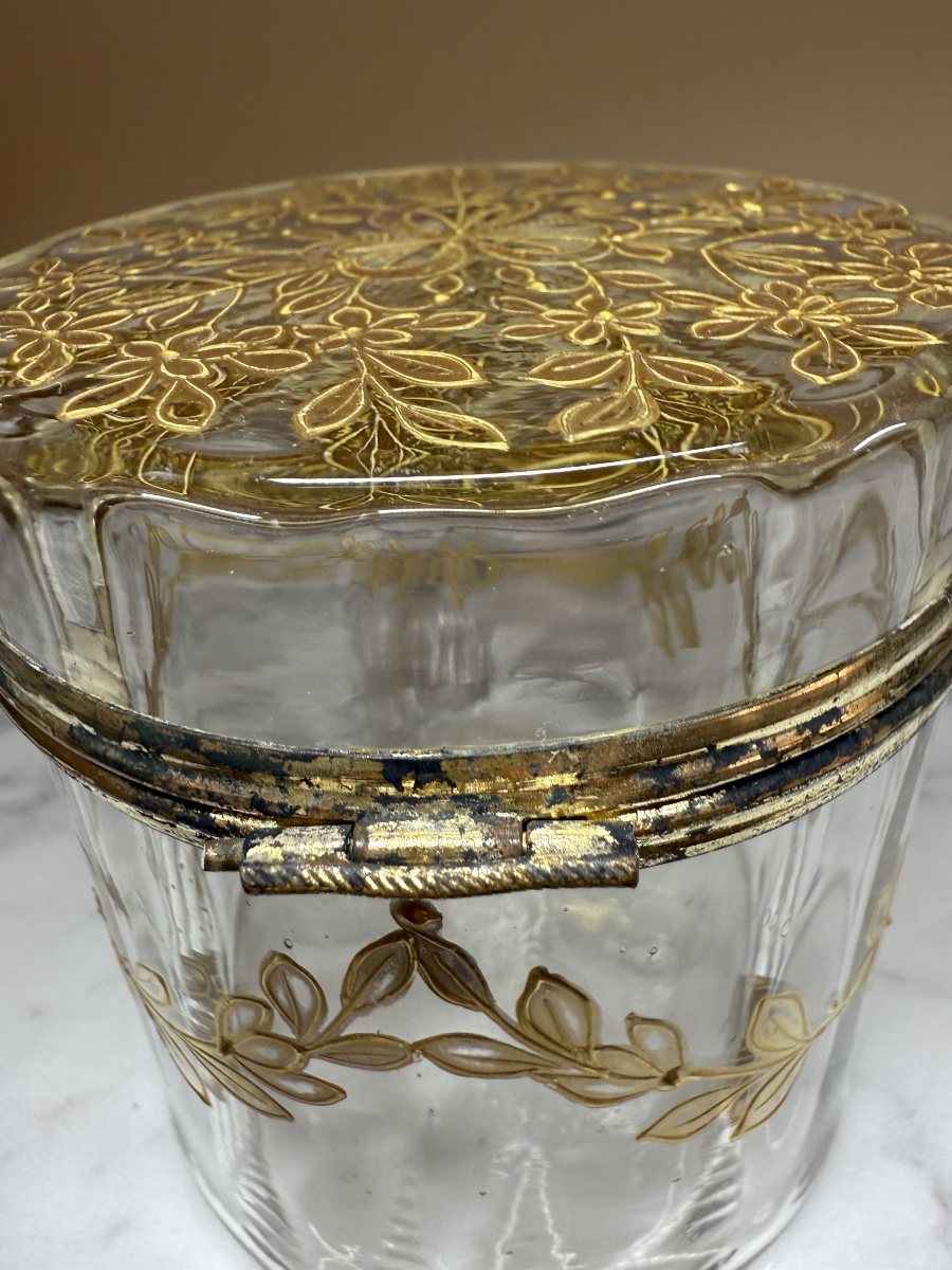Bonbonnière, boîte à bijoux, coffret, poudrier en verre, motifsfloraux dorés peints à la main -photo-3