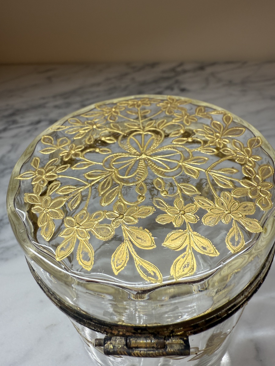 Bonbonnière, boîte à bijoux, coffret, poudrier en verre, motifsfloraux dorés peints à la main -photo-4