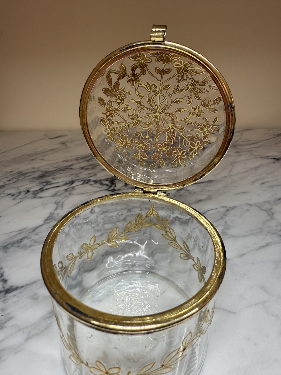 Bonbonnière, boîte à bijoux, coffret, poudrier en verre, motifsfloraux dorés peints à la main -photo-5