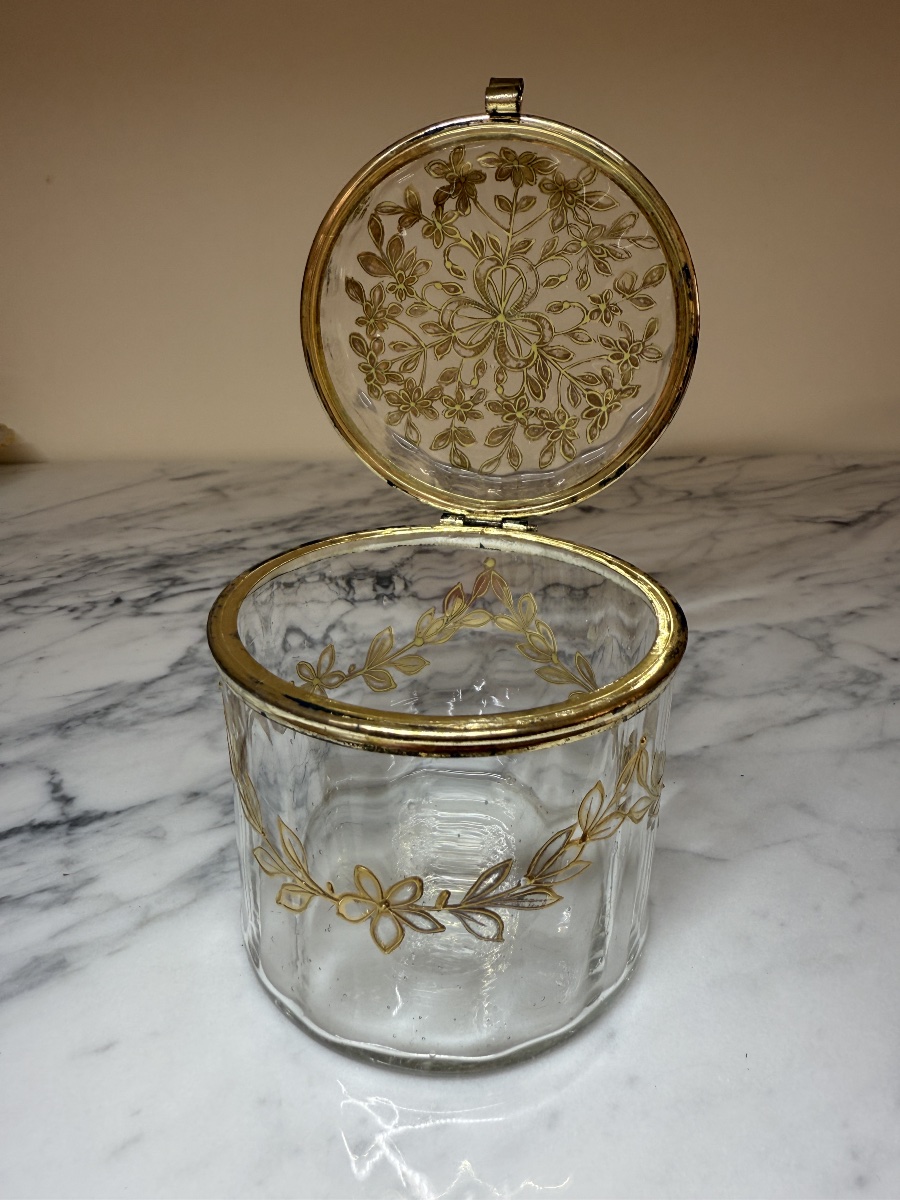 Bonbonnière, boîte à bijoux, coffret, poudrier en verre, motifsfloraux dorés peints à la main -photo-6