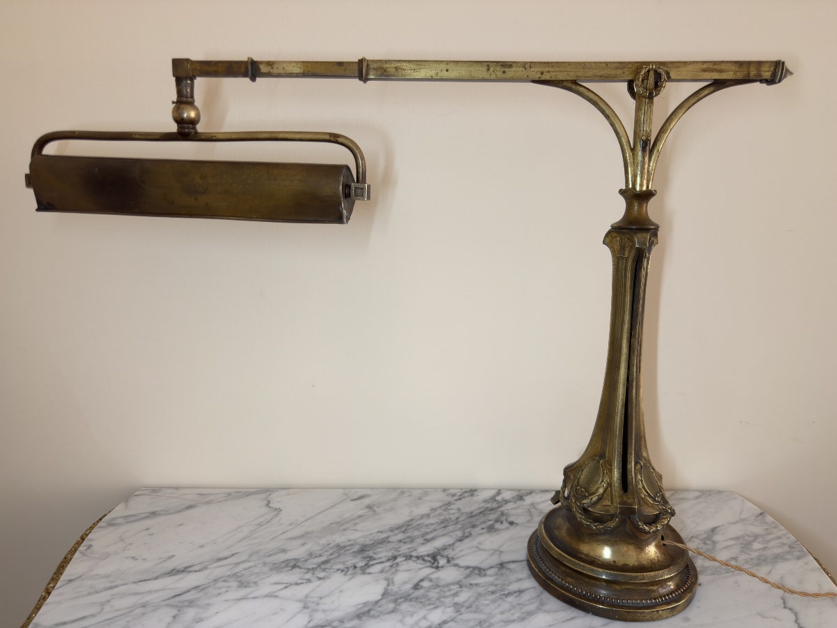 Lampe De Piano Ou De Bureau Articulée En Bronze Et Laiton – époque Art Nouveau, Vers 1900