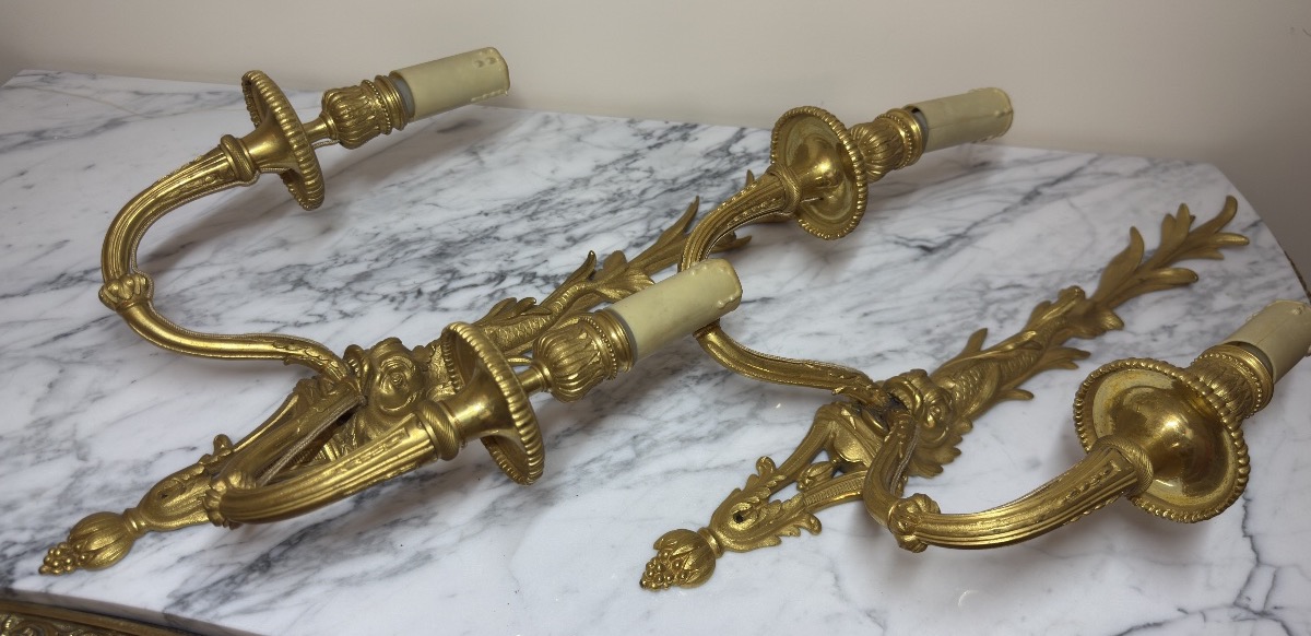 Paire d'appliques de style Louis XVI au dauphin en bronze ciselé et doré, XIXe siècle -photo-2