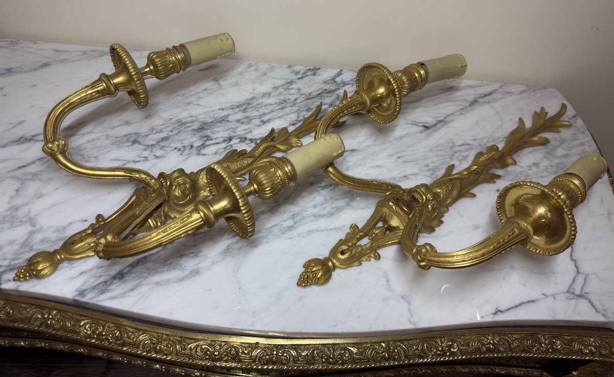 Paire d'appliques de style Louis XVI au dauphin en bronze ciselé et doré, XIXe siècle -photo-3