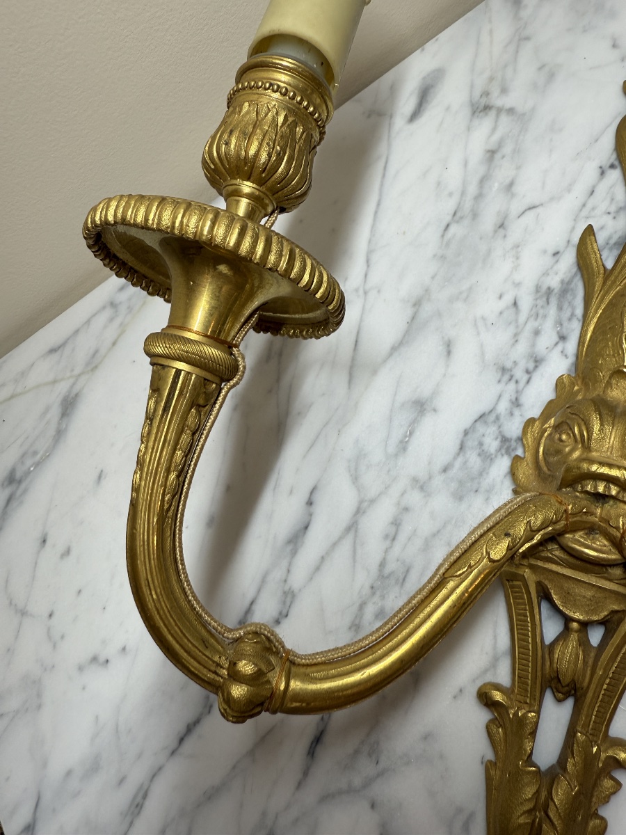 Paire d'appliques de style Louis XVI au dauphin en bronze ciselé et doré, XIXe siècle -photo-2