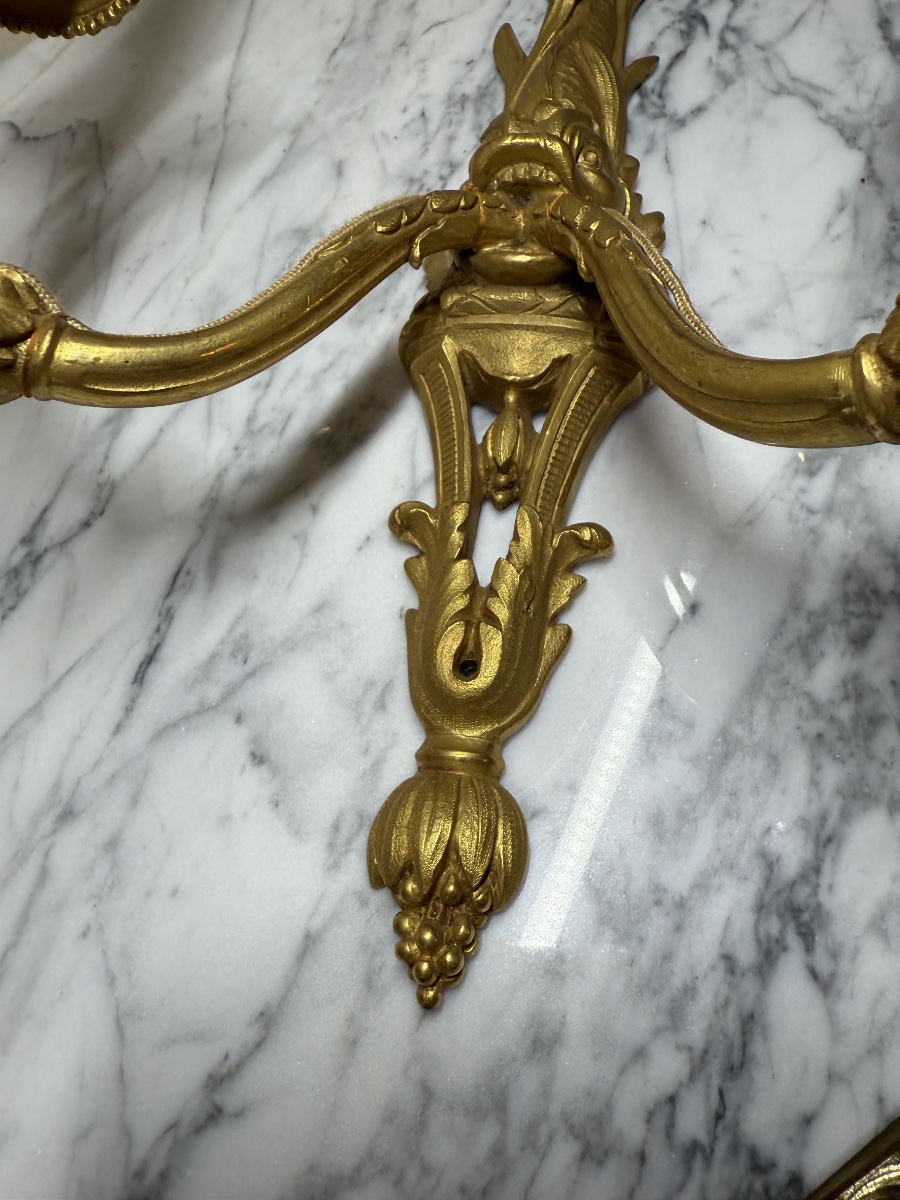 Paire d'appliques de style Louis XVI au dauphin en bronze ciselé et doré, XIXe siècle -photo-5