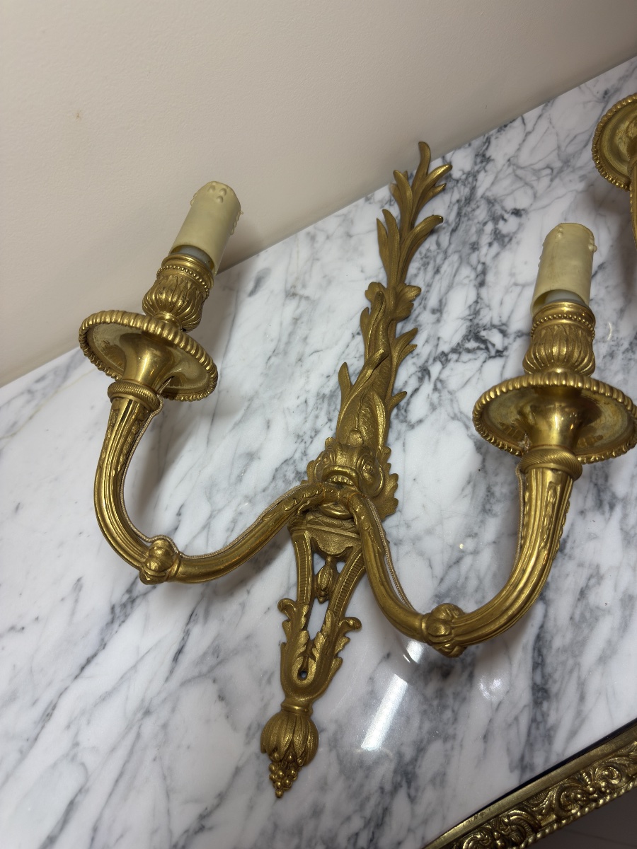 Paire d'appliques de style Louis XVI au dauphin en bronze ciselé et doré, XIXe siècle -photo-6