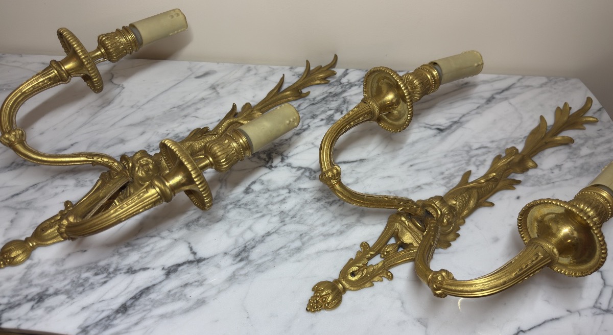 Paire d'appliques de style Louis XVI au dauphin en bronze ciselé et doré, XIXe siècle 