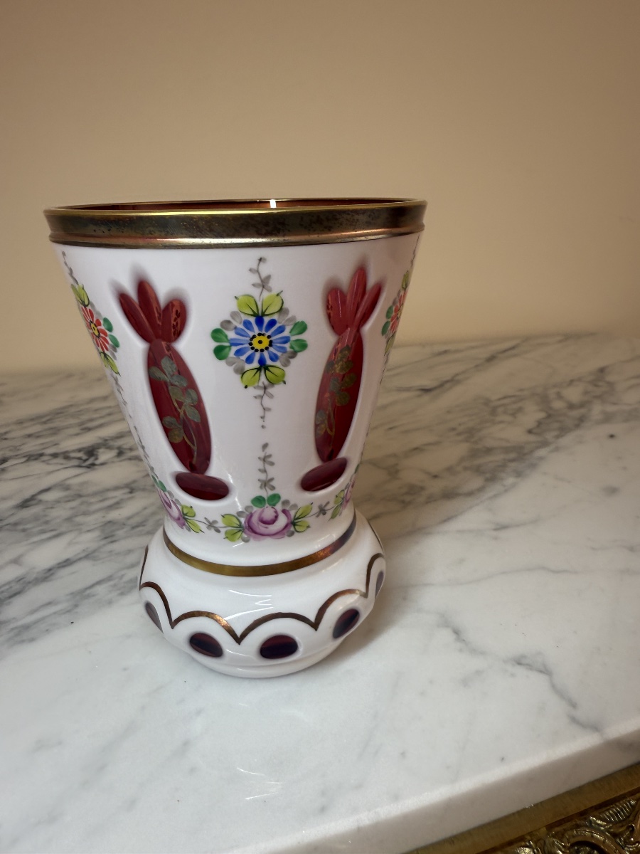 Antique Bohemian Crystal Vase Attributed To Moser – Opaline And Ruby-red Hand-enameled Overlay-photo-3