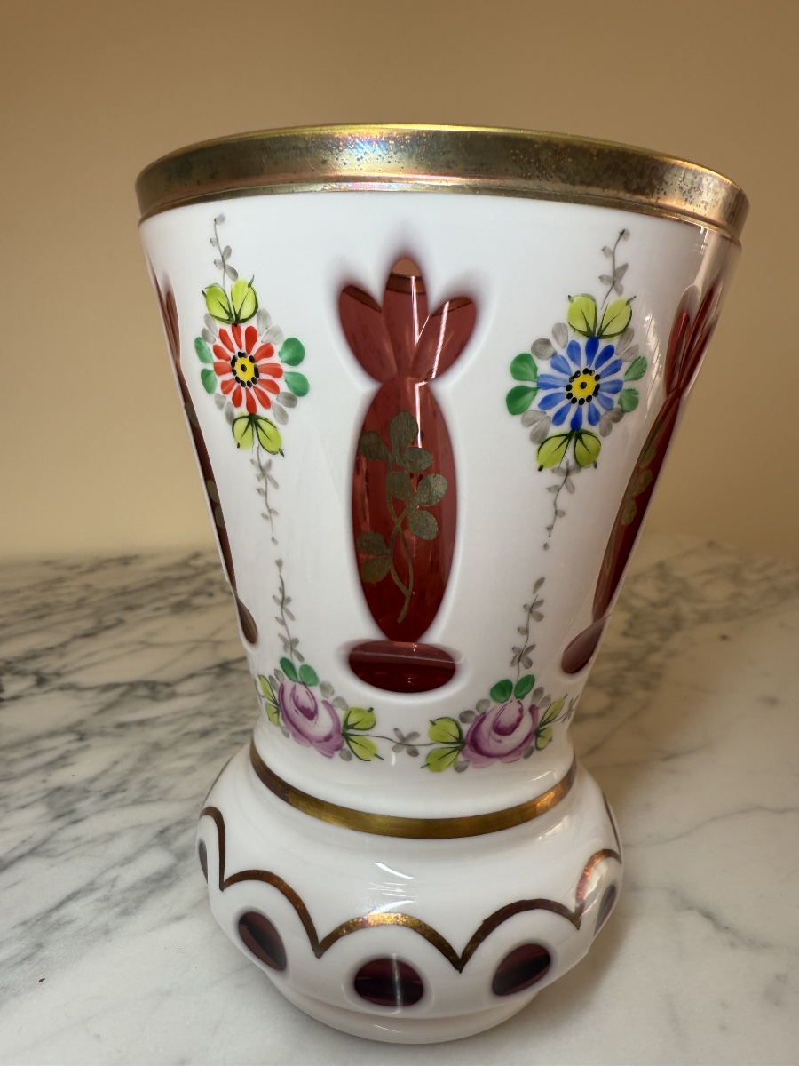 Antique Bohemian Crystal Vase Attributed To Moser – Opaline And Ruby-red Hand-enameled Overlay-photo-4
