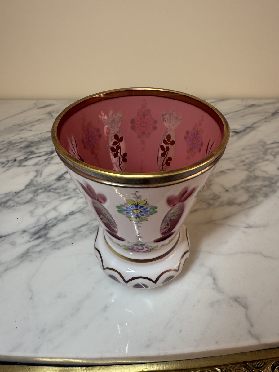 Antique Bohemian Crystal Vase Attributed To Moser – Opaline And Ruby-red Hand-enameled Overlay-photo-2