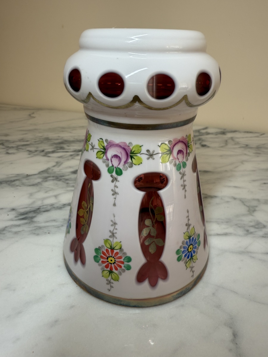 Antique Bohemian Crystal Vase Attributed To Moser – Opaline And Ruby-red Hand-enameled Overlay-photo-3