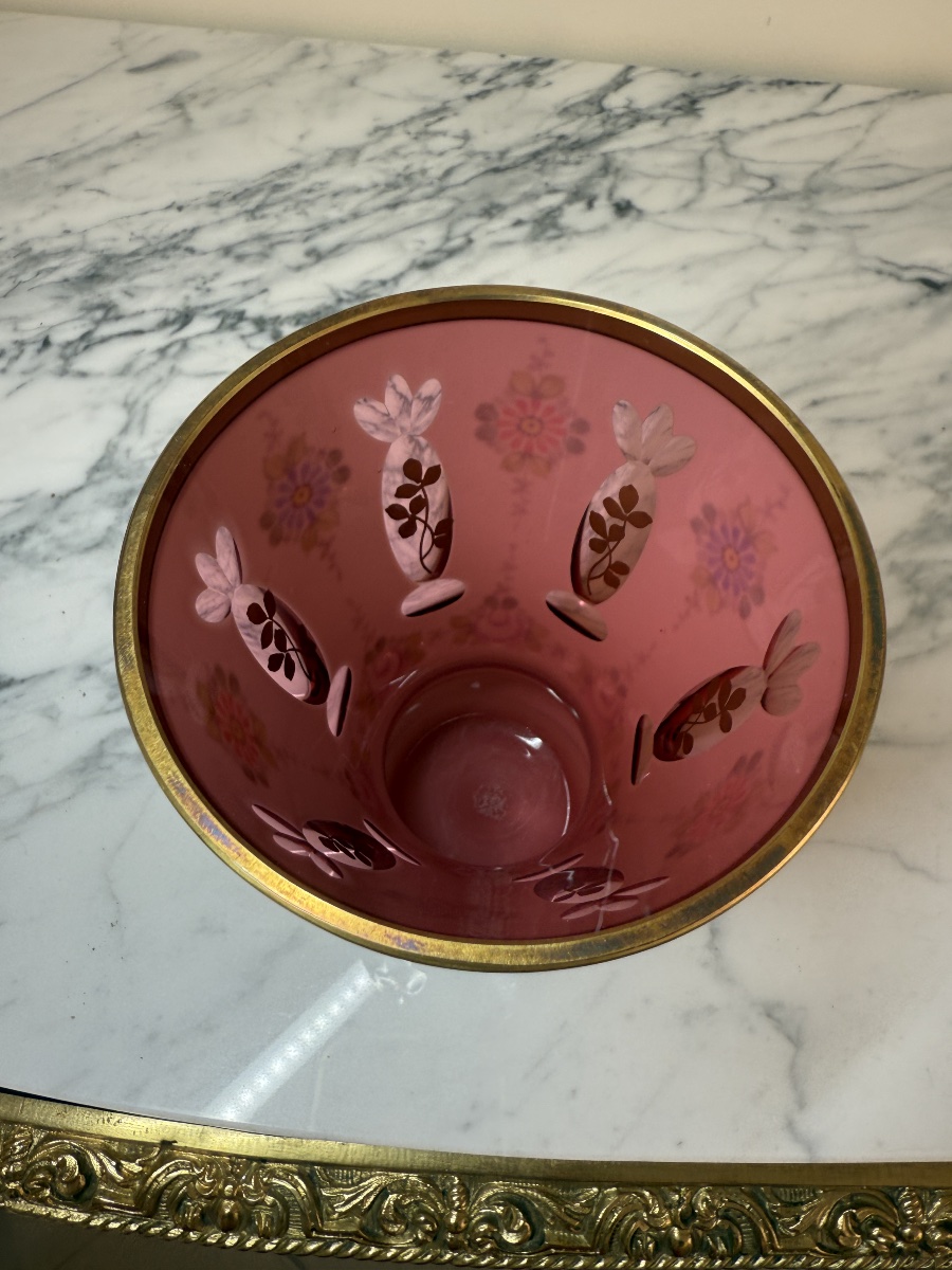 Antique Bohemian Crystal Vase Attributed To Moser – Opaline And Ruby-red Hand-enameled Overlay-photo-5