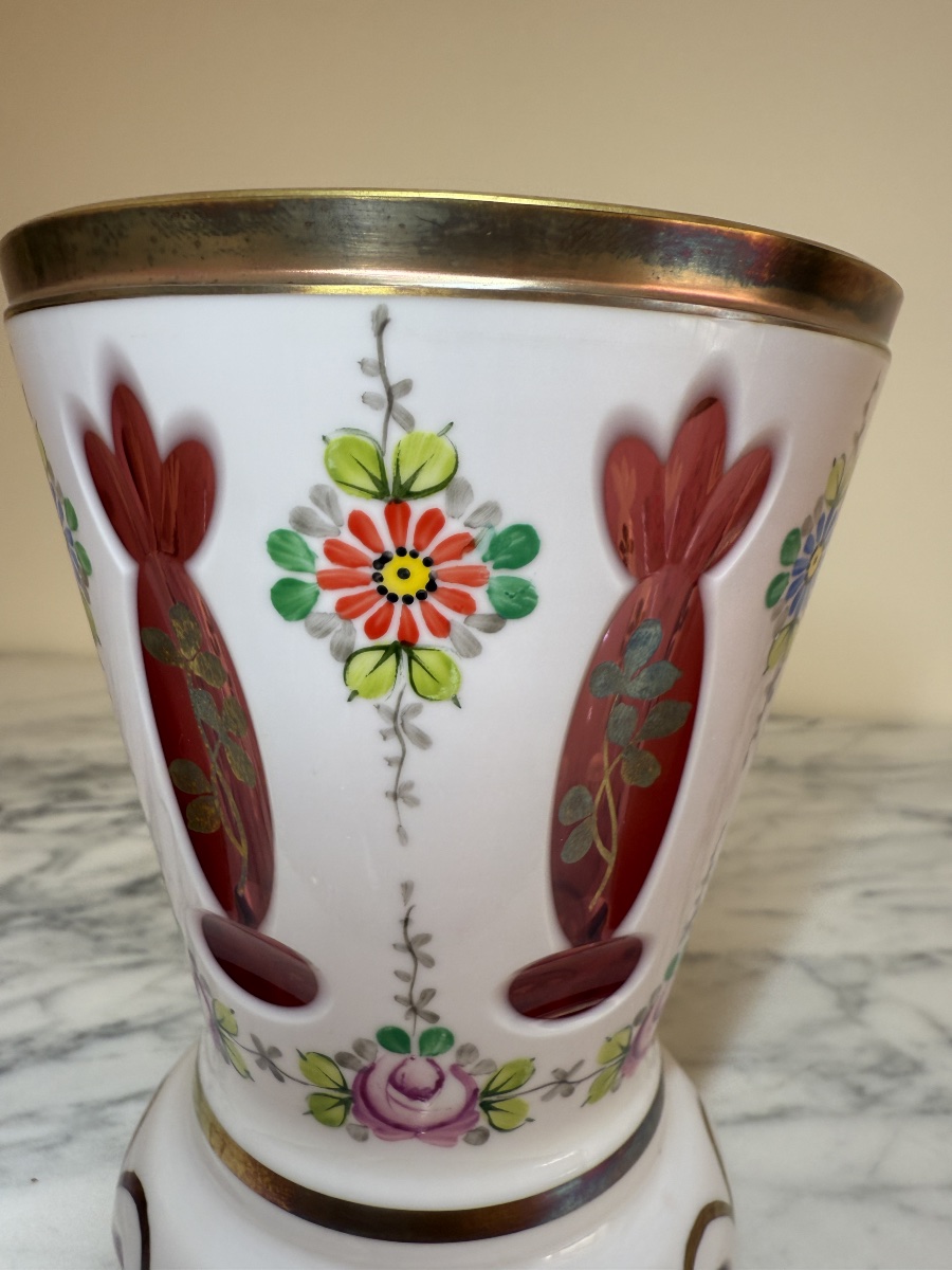 Antique Bohemian Crystal Vase Attributed To Moser – Opaline And Ruby-red Hand-enameled Overlay-photo-7