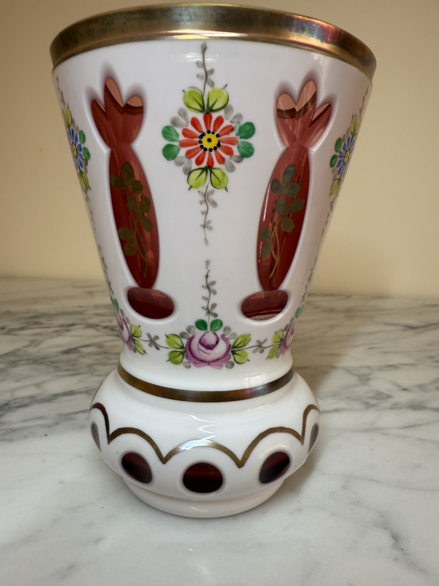 Antique Bohemian Crystal Vase Attributed To Moser – Opaline And Ruby-red Hand-enameled Overlay-photo-8