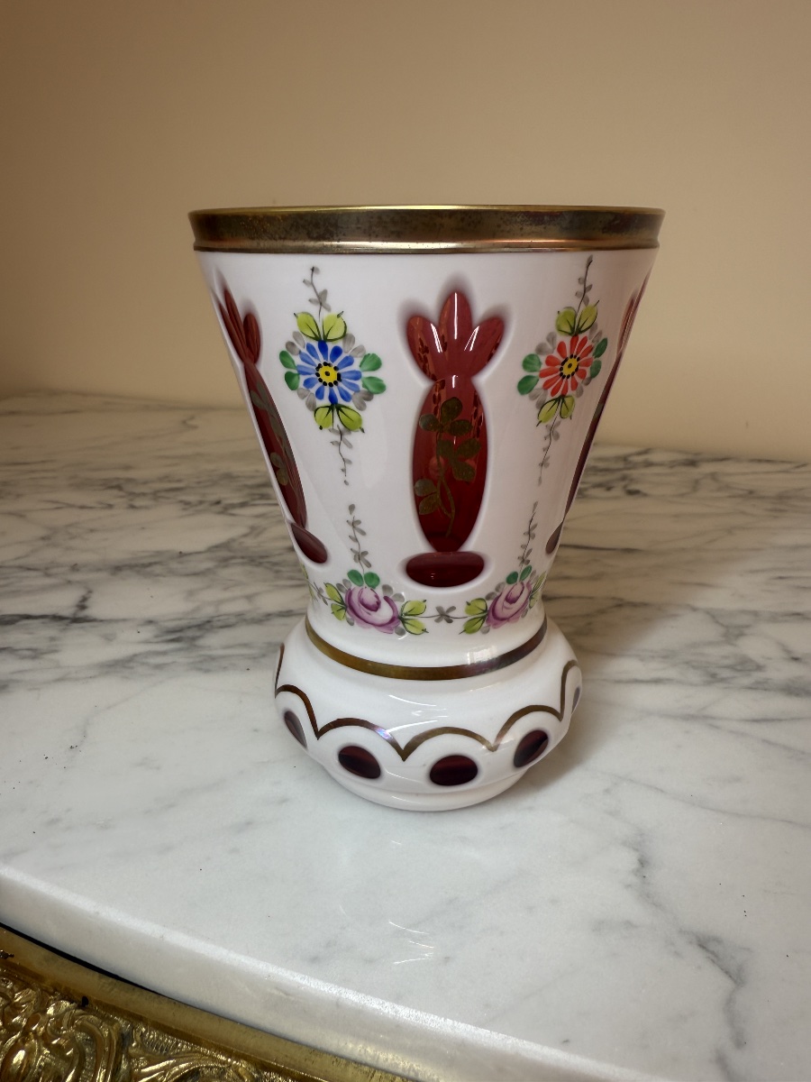 Antique Bohemian Crystal Vase Attributed To Moser – Opaline And Ruby-red Hand-enameled Overlay