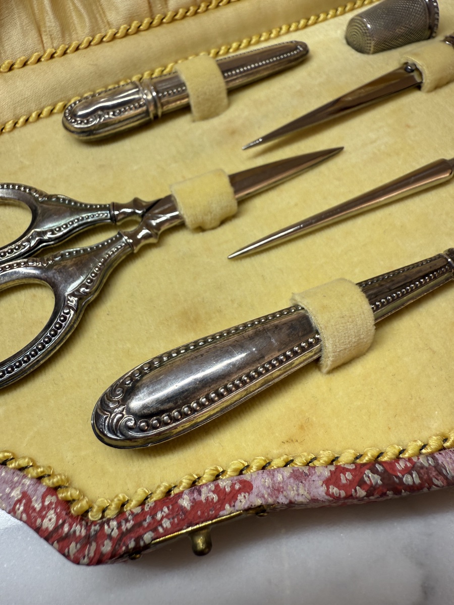 Antique Sewing Set In 800 Sterling Silver - Complete 6-piece Set-photo-4
