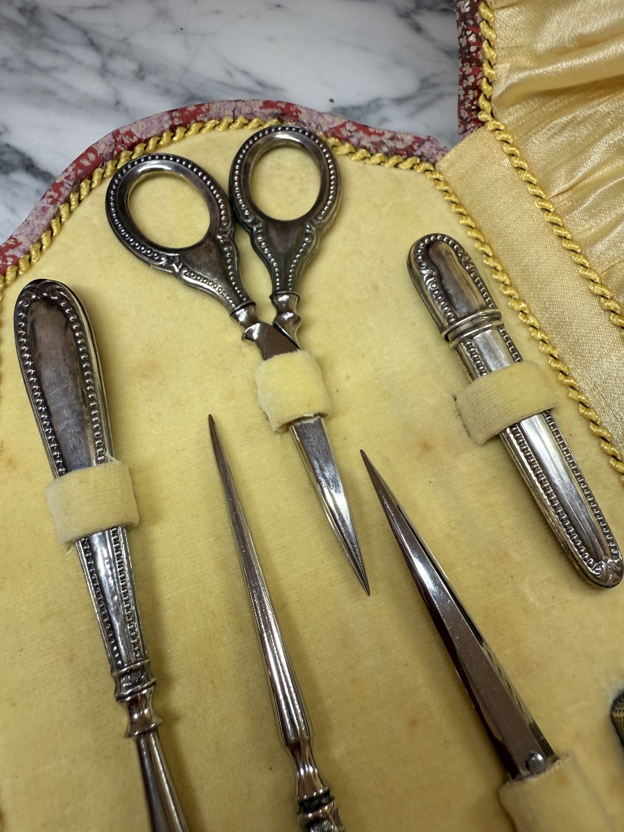 Antique Sewing Set In 800 Sterling Silver - Complete 6-piece Set-photo-5