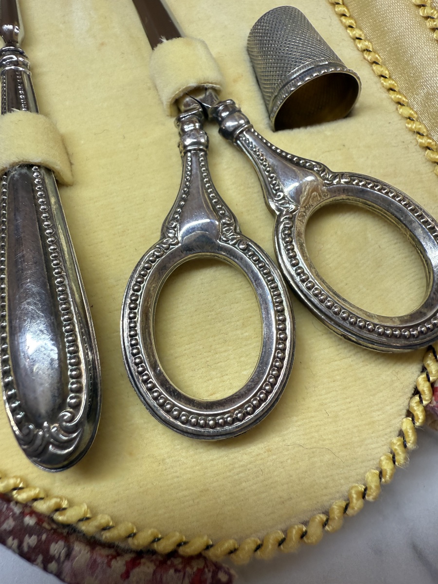 Antique Sewing Set In 800 Sterling Silver - Complete 6-piece Set-photo-6