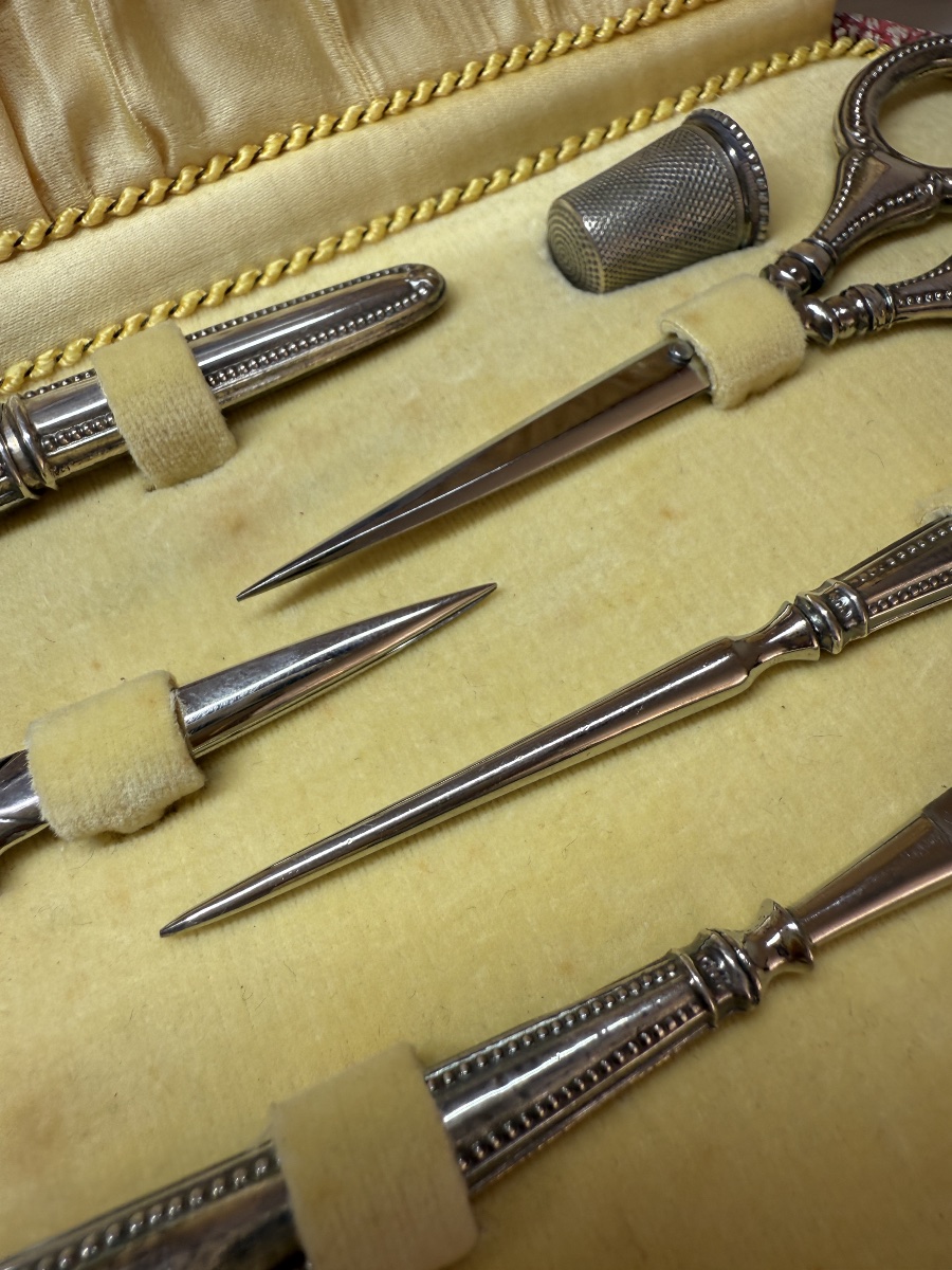 Antique Sewing Set In 800 Sterling Silver - Complete 6-piece Set-photo-8