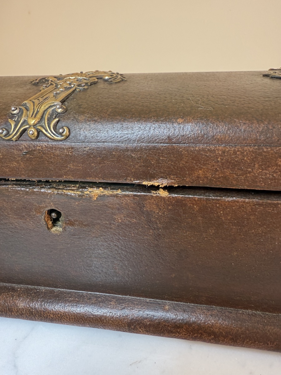 Coffret Boîte à Gants Napoléon III en Cuir et tissu Capitonnée, Fleur de Lys - XIXe-photo-4